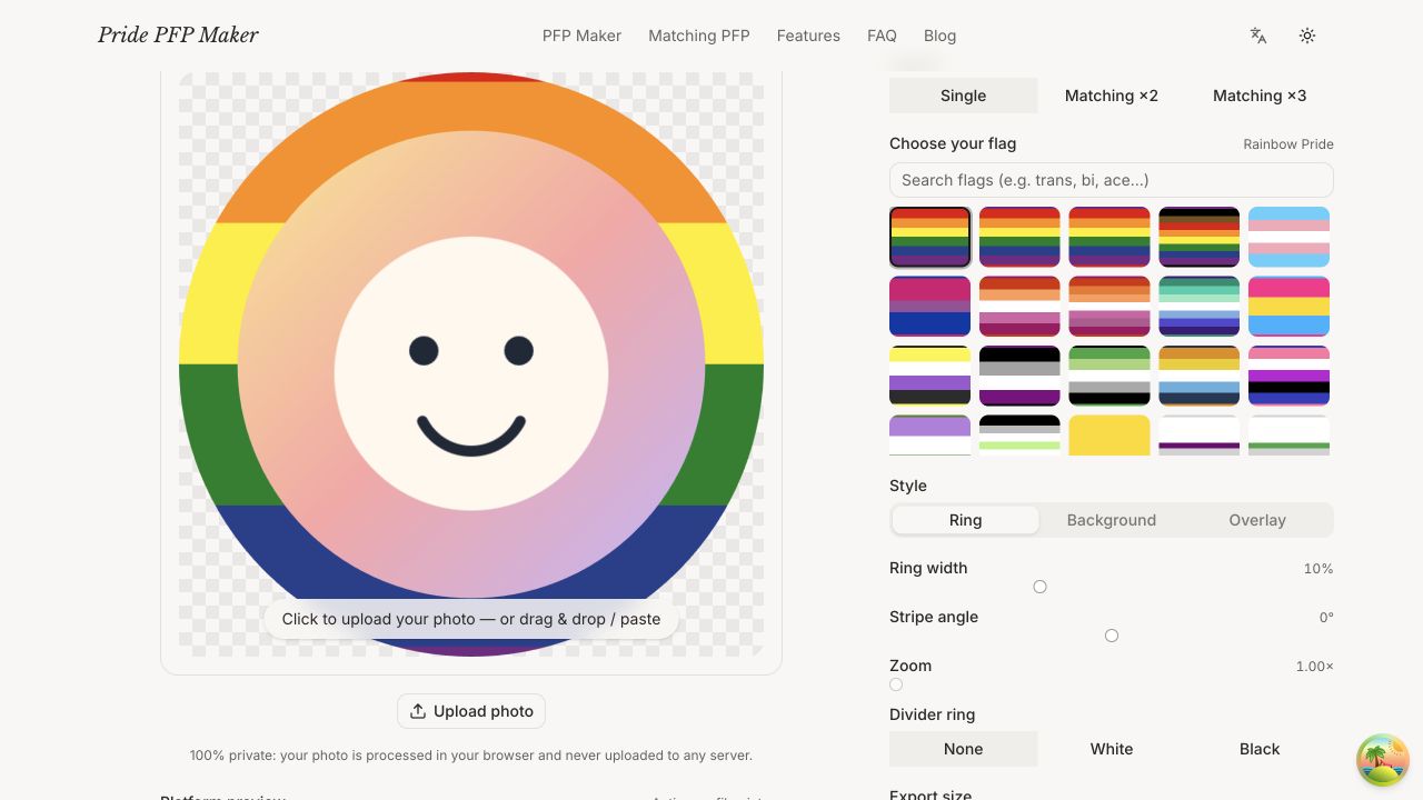 Pride PFP Maker editor showing a rainbow profile picture preview, pride flag selector, and style controls